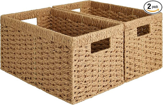 StorageWorks Wicker Storage Baskets for Shelves, Paper Rope Basket, 2-Pack | Rectangular Wicker Storage Baskets, Wicker Basket with Handles, Pantry Organizer and Storage, Woven Baskets,13"L x 8¼"W x 7"H