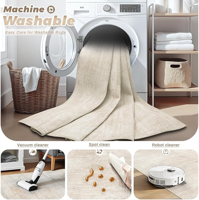 pmtsns Area Rugs 9x12 for Living Room: Washable Rug Modern Abstract Neutral Soft Non-Slip Low-Pile Indoor Large Carpet for Bedroom Dining Room Playroom Home Office (Beige, 9'x12')