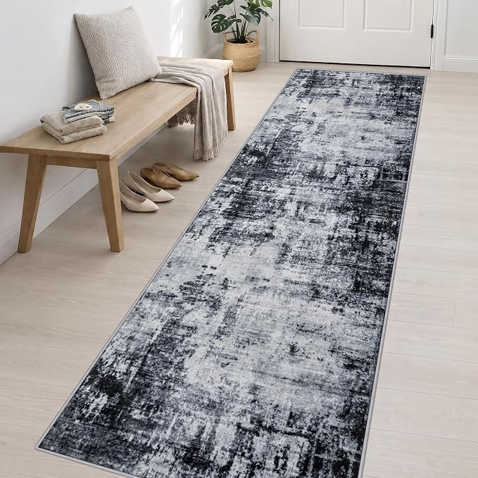 3x14 Washable Runner Rug：Modern Abstract Soft Carpet Dark Black | For Hallway, Bedroom, Kitchen, Laundry, Bathroom,Door Mat,Modern Abstract,Machine washable,Non-Slip,Stain Resistant,Indoor