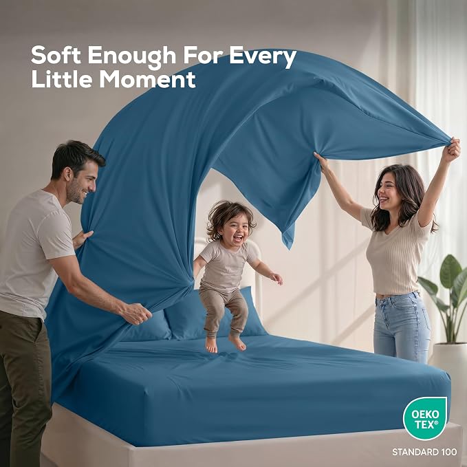 Full Sheets Set, 4 Pieces 16" Deep Pocket Hotel Luxury Bedsheets, Dusk Blue | Extra Soft Bedsheet Set, Comfy & Breathable Cooling Sheets, Wrinkle & Fade Resistant, Fitted Sheet, Flat Sheet, 2 Pillowcases