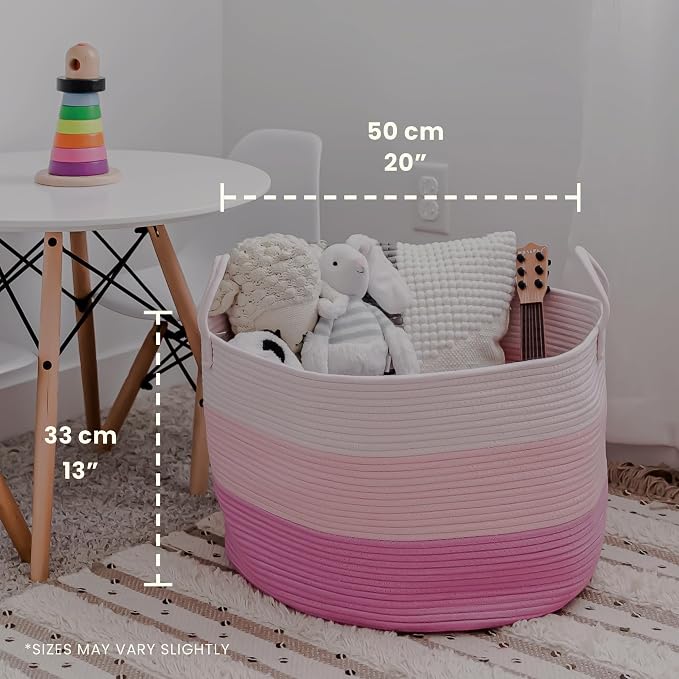 OrganiHaus Round Toy Basket & Blanket Basket, Cotton Rope 20x13" | 3-Toned Pink - Round Cotton Rope Basket, 20x13"