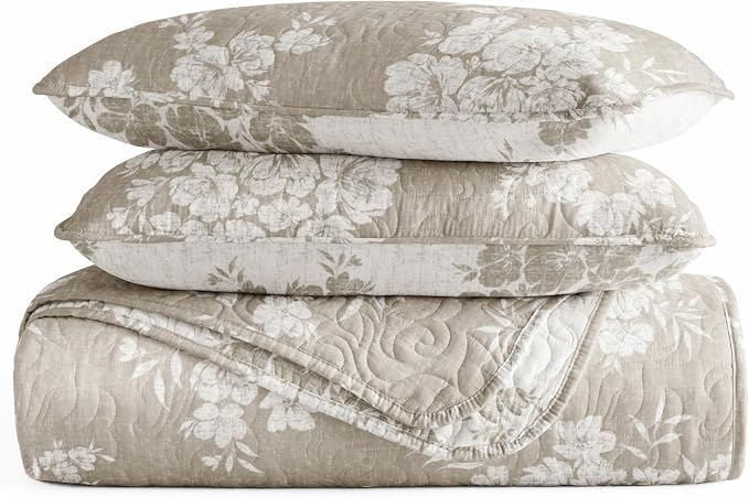 Merit Linens 3 Piece Quilt Set - Super Soft - Lightweight - All Season Quilted Coverlet - Timeless Patterns - Full/Queen Taupe