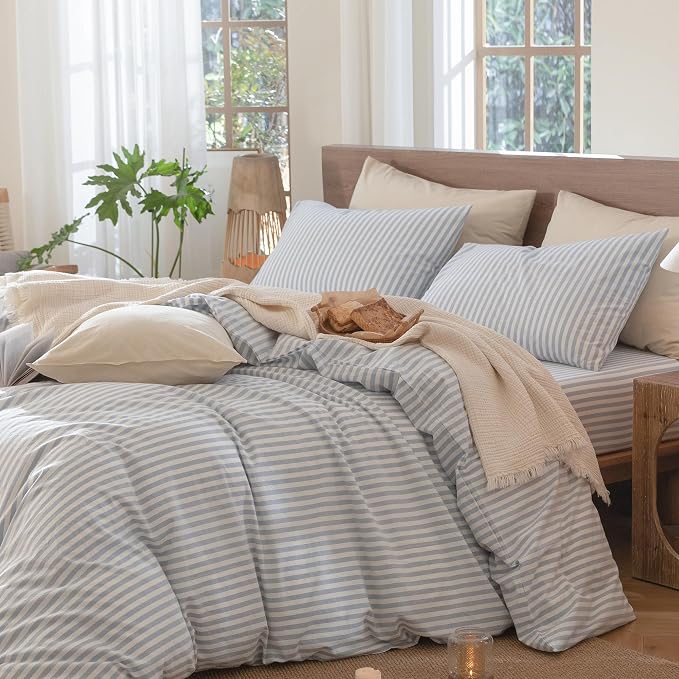 MooMee Striped Duvet Cover Set 100% Washed Cotton Linen Like Queen | Relaxed Linen-like Texture. Soft, Breathable & Long-lasting Comfort. Lightweight. Hidden Zipper with 8 Interior Corner Ties