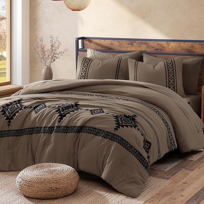 MaiRêve Embroidery King Size Comforter Set 7 Pieces Taupe Grey Bed in a Bag | Western Boho Farmhouse Bedding Sets with Comforter, Sheets, Pillowcases & Shams