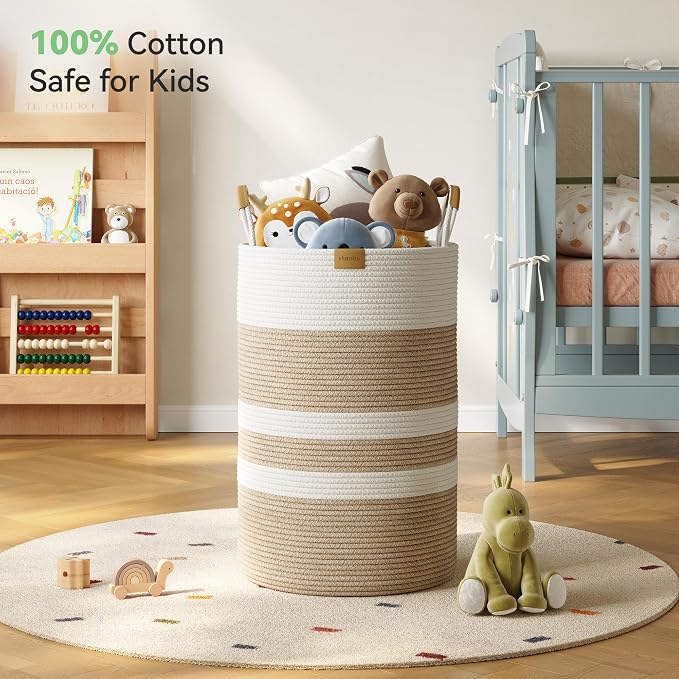 Nunsino 75L Striped Laundry Hamper with Leather Handles,Large Foldable Laundry Basket for Clothes,Cotton Rope Storage Bin for Blankets,Woven Clothes Basket for Bedroom,Beige Stripes
