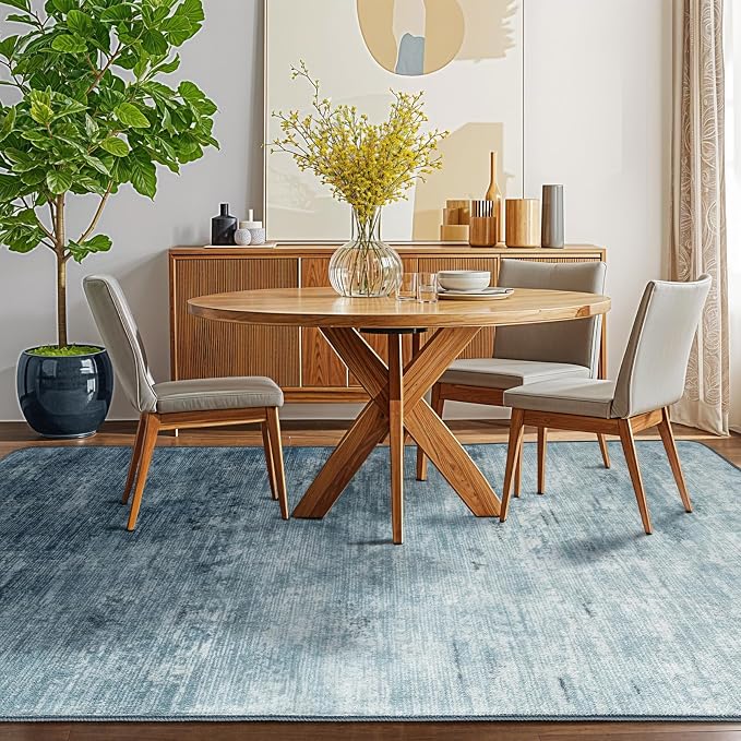 5x7 Washable Area Rug, Blue Solid Area Rugs for Living Room & Bedroom | Stain-resistant & Non-slip backing,Low Pile Washable Large Carpet, Solid Vintage Style For High Traffic Areas(5x7,Blue)