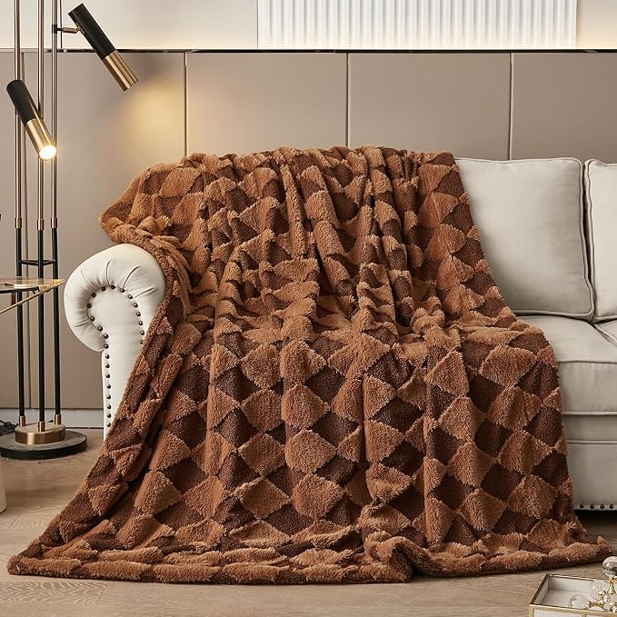 PU MEI Luxury Faux Fur Rabbit Fur Throw Blanket Brown 90"x80",Plush Reversible Sherpa Blankets,Queen Fuzzy Elegant Blanket Thick Throws for Bed,Washable Bedding Accent Blankets for Sofa Couch Chair