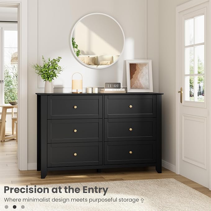 Garvee 6 Drawer Dresser for Bedroom, 47.2" Wide Modern Large Chest of Drawers with Metal Knobs, Wooden Clothes Storage Organizer for Closet, Nursery, Living Room, Apartment, Black | Lacquered Finish, Metal Knobs, Clothes Storage Organizer for Closet, N...