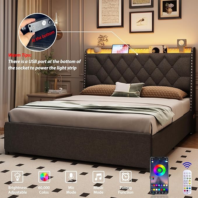 Full Size Bed Frame with 4 Drawers and Storage Headboard, Upholstered Button Linen Platform Full Bed with Led Lights and Handy Charging Station, No Box Spring Needed, Easy Assembly, Noise Free, Gray