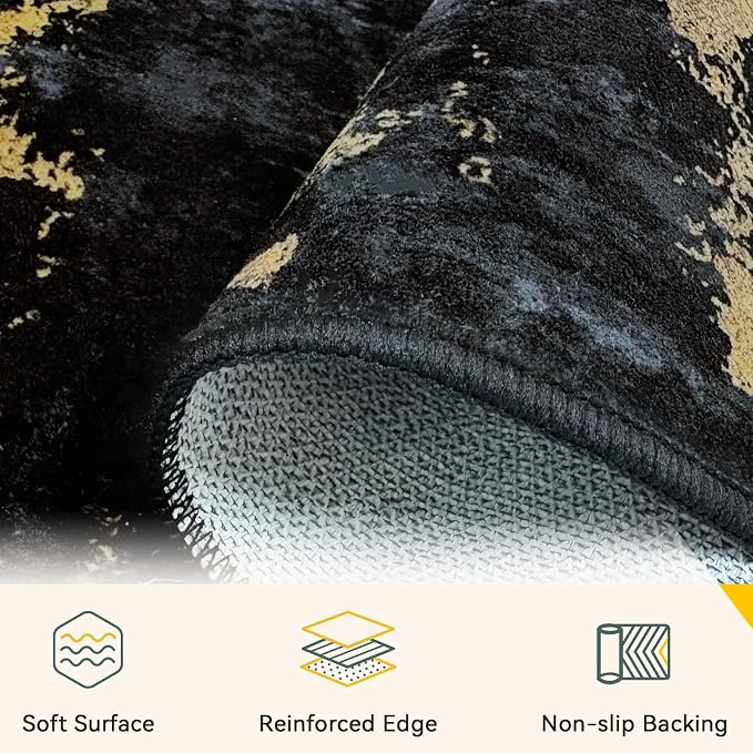 RELEANY Washable Runner 2'x8' Abstract Area Rug for Hallway Black Gold | Carpet for Kitchen, Entryway, Bathroom, Living Room, Bedroom, Printed Pattern, Non‑Slip, Soft, Stain‑Resistant, Easy to Clean