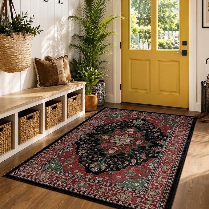 RELEANY Washable Area Rug, 5'x7', Red/Black | Non-Slip, Water Repellent, Pet Friendly, Easy to Clean, Vintage Floral Boho Decor for Living Room Bedroom Dining Room Office