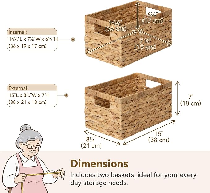 GRANNY SAYS Wicker Storage Baskets for Shelves, Hyacinth Baskets, 2-Pack | Water Hyacinth Wicker Baskets for Storage, Woven Baskets for Storage, Wicker Baskets for Shelves, Rectangle Basket for Pantry