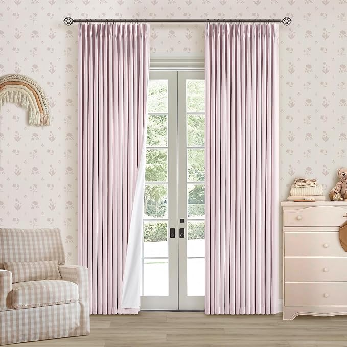 Light Pink Pinch Pleated 100% Blackout Linen 84 Inch Curtains | Room Darkening with Liner, Memory Shape Pleat Back Tab, Thermal Insulated, for Living Room Nursery Girls Bedroom, W40xL84