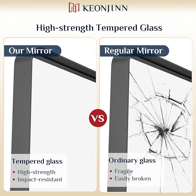 Keonjinn 22 x 30 Inch Black Vanity Mirror, Aluminum Frame Bathroom Mirror | Tempered Glass with Clear Reflection, Matte Black Sandblasted Finish, Anti-Rust, Seamless Aluminum Frame, Rounded Rectangle