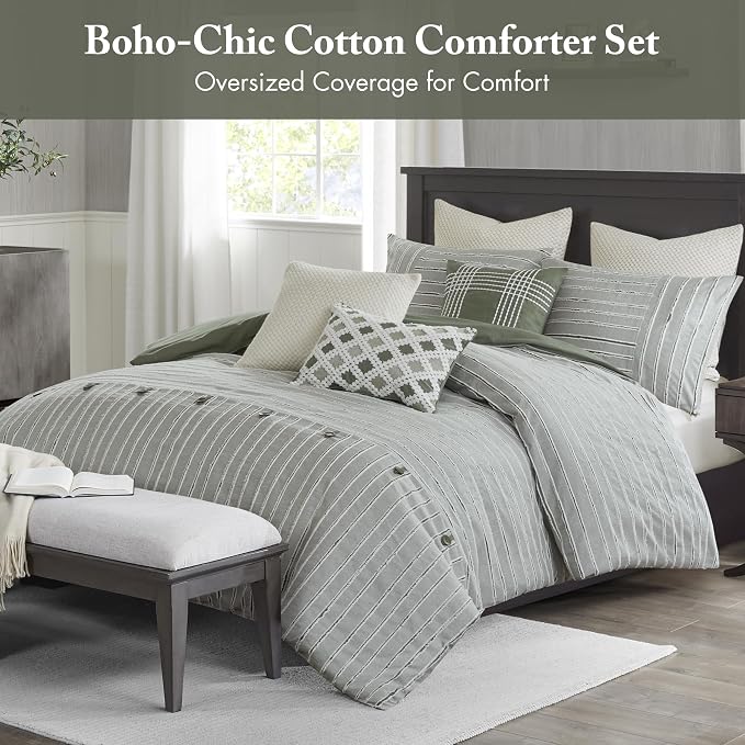 Madison Park Farmhouse King Cotton Comforter Set with Removable Cover, 9pc | Clipped Jacquard Stripes with Buttons Bedding Set, Boho, Oversized, Easy Care, Breathable, Cozy, All Season, Ultra Soft