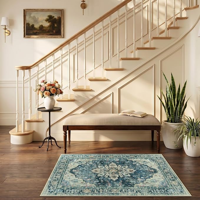 RELEANY Washable Area Rug, Small 2'6"x4', Blue/Vintage Dark Blue | Non-Slip, Water Repellent, Pet Friendly, Easy to Clean, Vintage Floral Boho Decor for Kitchen Entryway Bathroom