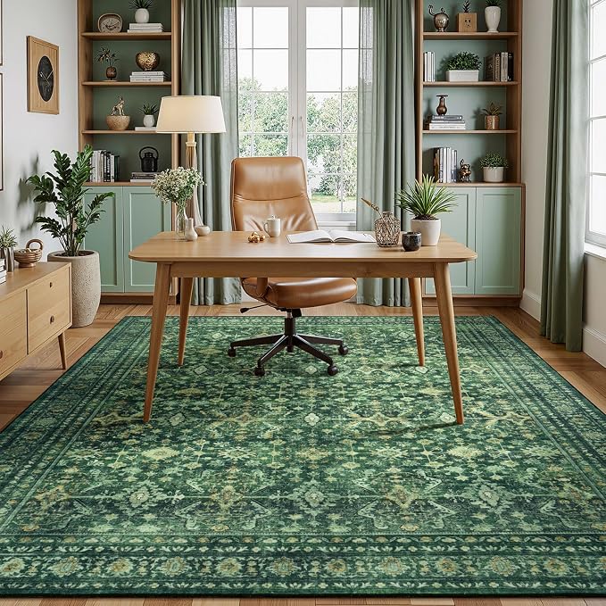 5 x 8 Washable Area Rugs for Living Room,Soft Non Slip Carpet Green | Durable Stain Resistant,Kid Pet Friendly,Compatible with All Vacuums,0.25inch Low Pile for Bedroom Dining Room Home Office