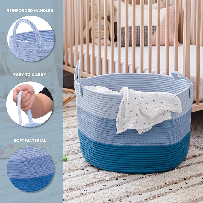 OrganiHaus Round Toy Basket & Blanket Basket, Cotton Rope 20x13" | 3-Toned Blue - Round Cotton Rope Basket, 20x13"