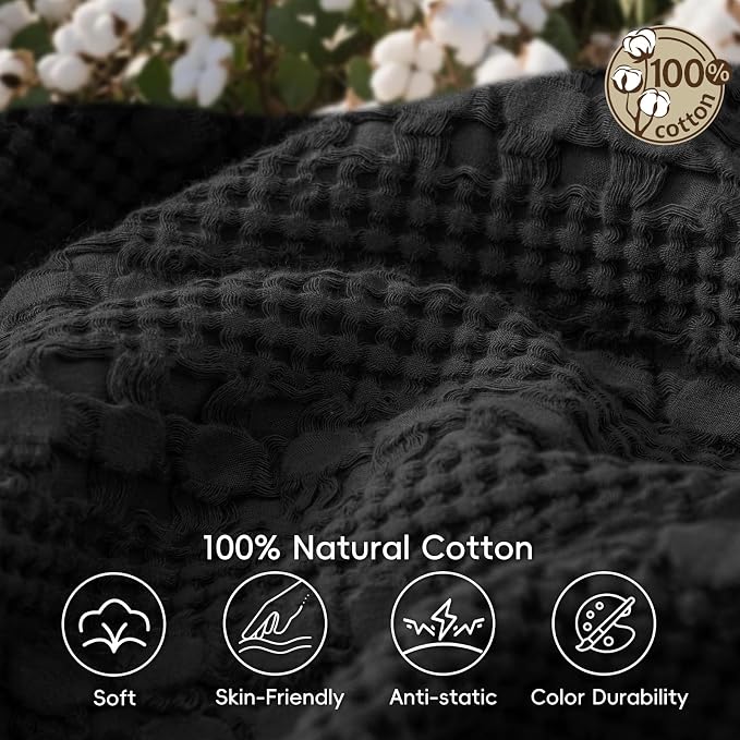 PHF Lightweight 100% Cotton Waffle Throw Blanket for Couch, Black | Pre-Washed Soft Cotton Comfort, Breathable Layering Warmth for Fall & Winter, Office, Travel, Sofa, Home Decor & Gifts