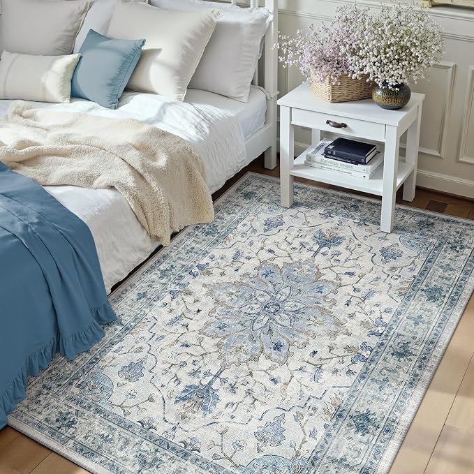 RELEANY Washable Area Rug, 3'x5', Blue/White/Gray | Non-Slip, Water Repellent, Pet Friendly, Easy to Clean, Vintage Floral Boho Decor for Living Room Bedroom Beside Kitchen