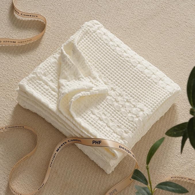 PHF Lightweight 100% Cotton Waffle Throw Blanket for Couch, Ivory | Pre-Washed Soft Cotton Comfort, Breathable Layering Warmth for Fall & Winter, Office, Travel, Sofa, Home Decor & Gifts