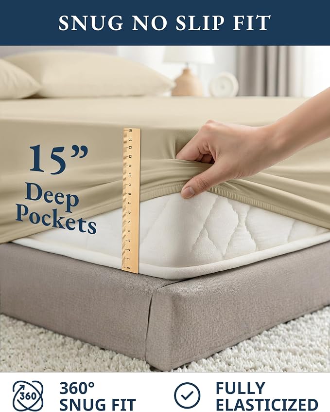 LANE LINEN 100% Organic Cotton Bed Sheets Full Size, Fully Elasticized Reinforsed Seams in Fitted Pocket, Machine Washable Naturally Cooling Full Sheet Deep Pocket Bedding- Linen