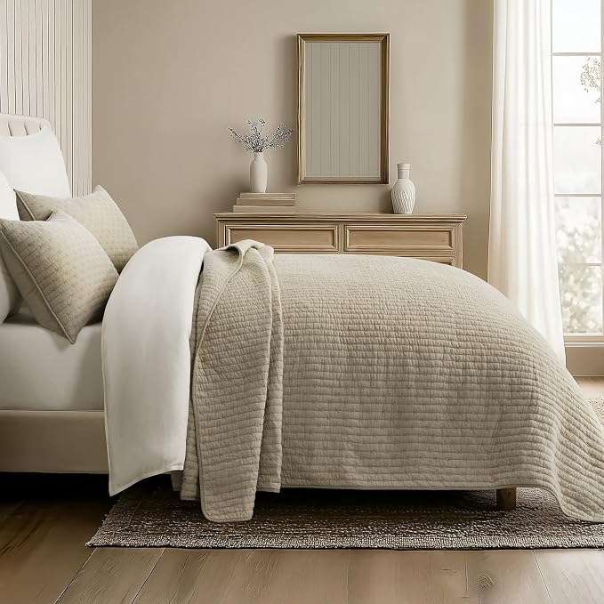 100% Cotton Cross Stitch 3-Piece Quilt Set, Queen, Driftwood | Cross Stitch Cotton Quilt, Pre-Washed Bedding Set, Oversized Lightweight Bedspread Coverlet, for All Season, with 2 Shams