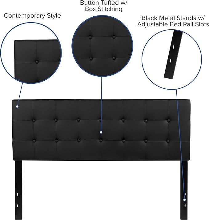 EMMA + OLIVER Black Queen Button Tufted Headboard | Adjustable Bed Rail Slots, Vinyl Upholstered