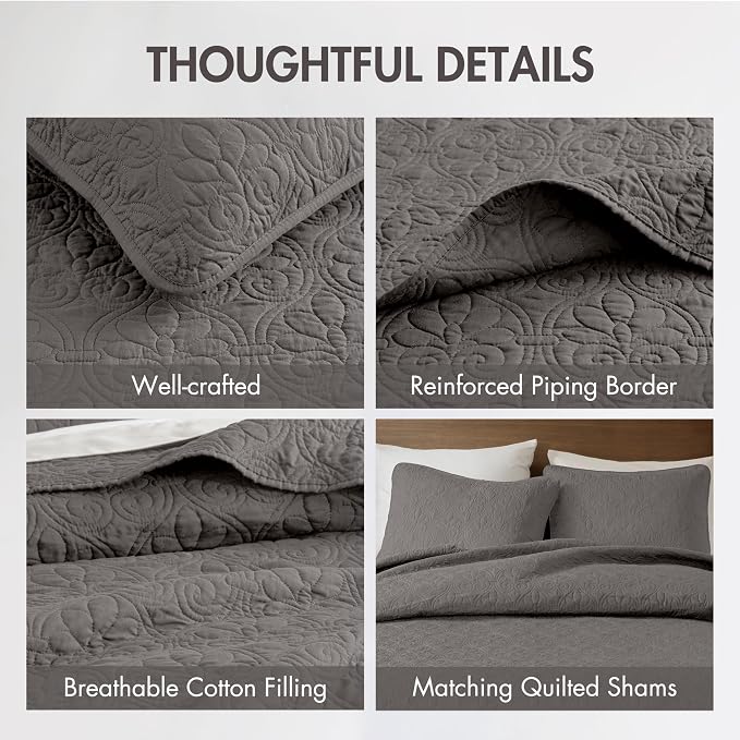 Madison Park Queen Quilt Bedding Set, Cottage-Inspired Damask, 3PC | All Season Quilted Coverlet, Classic Stitch Pattern Bedspread & Shams, Ultra Soft Microfiber Bedspread Set, Dark Grey