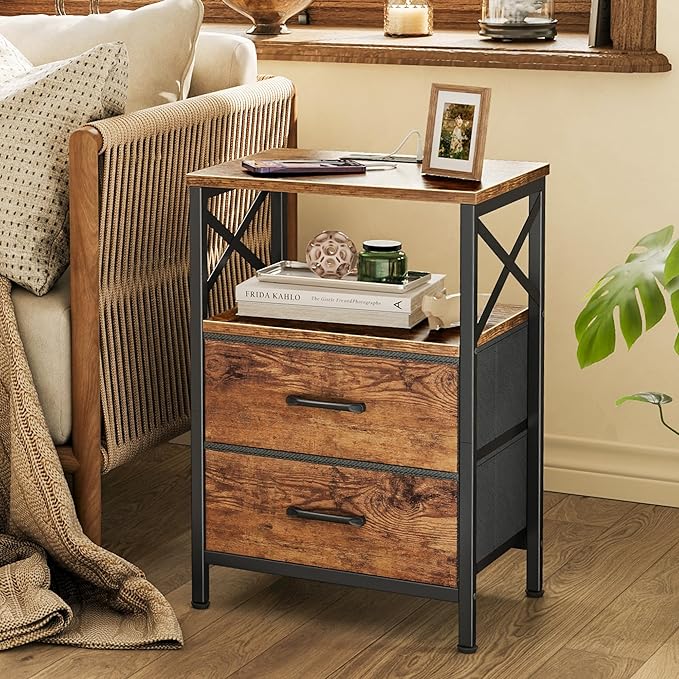 Huuger Nightstand Set of 2 with Charging Station, USB-C Port, End Tables | Night Stand with 2 Drawer Side Table with Open Shelf, Bedside Table for Small Spaces, X Shaped Side Rail, Rustic Brown