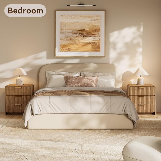 24" 3 Drawers Fluted Nightstand, Light Walnut | 3 Drawers Bedside Table, Metal Handles & Charging Station, Curved Profile End Table for Bedroom