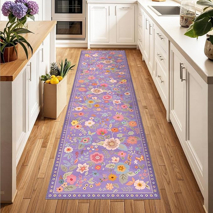 Floral Washable 2x10 Area Rugs Runner Entryway Hallway Purple/Pink | Flower Carpet, Print, Boho, Non-Slip, Easy to Clean, Low Pile, Soft, for Living Room Bedroom Kitchen Office Entrance