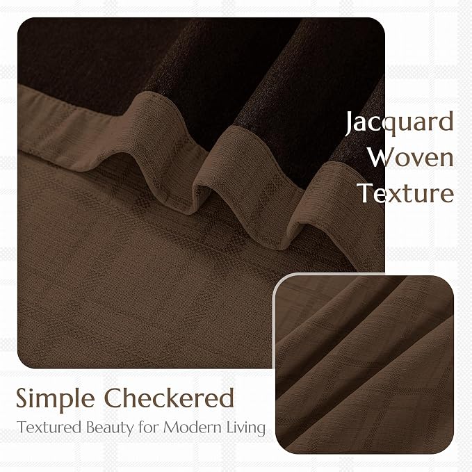 Beauoop Brown Plaid Jacquard Blackout Curtains for Bedroom 52x84 2 Panels | Gingham Checkered Room Darkening Drapes for Living Room 84 Inch Long Thermal Insulated Soundproof Window treatment Grommet