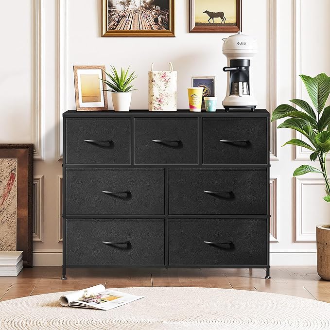 7-Drawer Dresser for Bedroom, Anti-Tip Wide Storage Organizer Fabric | Chest of Drawers TV Stand for 45" TV with Wooden Top and Metal Frame for Closet, Living Room, Hallway, Entryway, Black