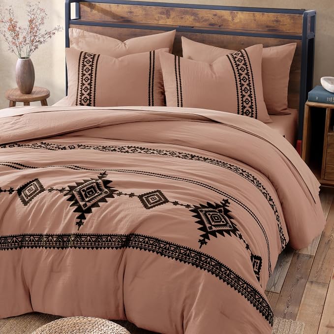 MaiRêve Embroidery Full Size Comforter Set 7 Pieces Dusty Pink Bed in a Bag | Western Boho Farmhouse Bedding Sets with Comforter, Sheets, Pillowcases & Shams