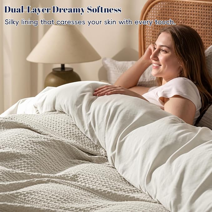 PHF Soft Waffle Duvet Cover Queen Size- Durable Breathable Waffle Weave Duvet Cover(90"x90") with 2 Pillow Shams, 3 Pieces Luxury Textured Bedding Set for All Season, Natural