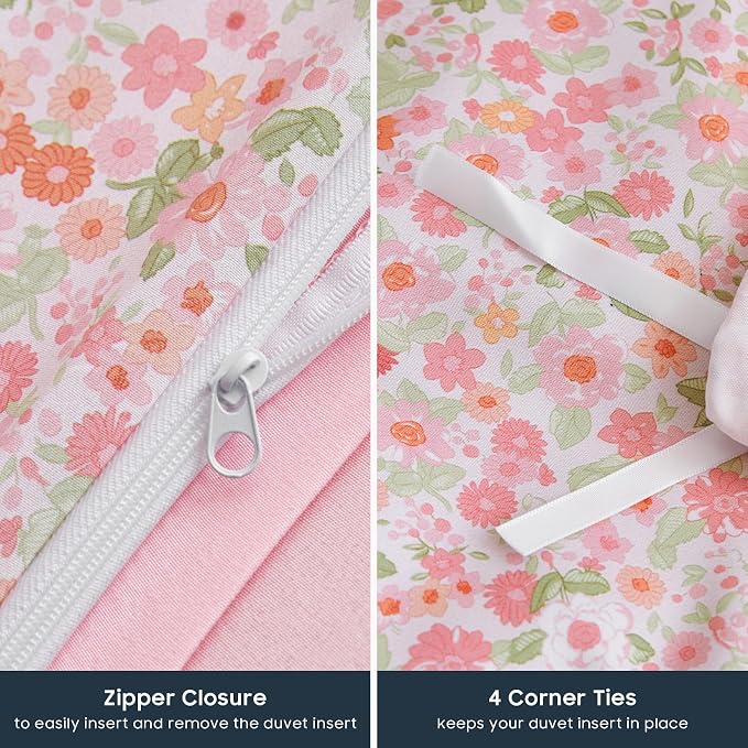Wake In Cloud - Floral Duvet Cover Set, Cute Vintage Flower Cottagecore Aesthetic for Women Teen Girls, Soft Lightweight Bedding, 3-Piece, Pink, Twin/Twin XL Size