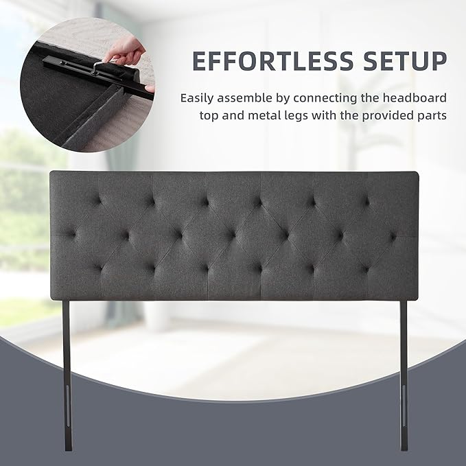 Linen Headboard King Size, Adjustable Height Headboard 37-51 in, Dark Gray | Diamond Tufting Solid Wood King Headboards, Durable Metal Legs, Upholstered King Head Board for Bed Frame, Modern Fabric