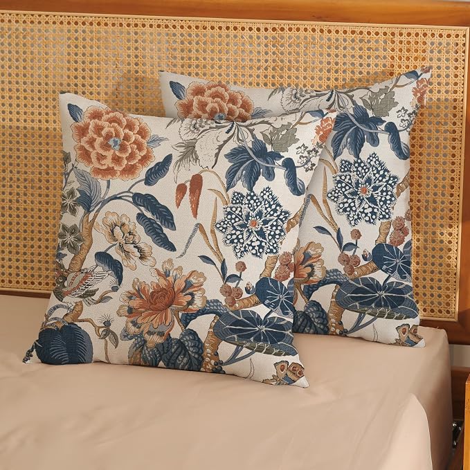 Navy Blue Orange Boho Pillow Covers 18x18 Inch 2 Pcs Chinoiserie Blue Floral Bird Decor Throw Pillows Vintage Flower Seasonal Outdoor Farmhouse Pillowcase Linen Cushion Cover for Couch Sofa