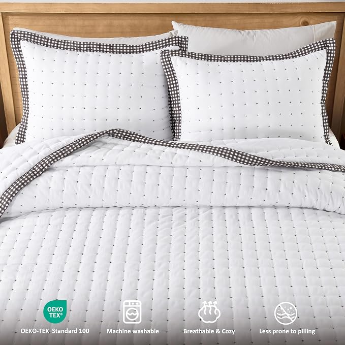 WDCOZY White Cloud Quilt Set King Size, Lightweight Soft Cross Stitch Bedspread, Farmhouse Rustic Country Coverlet, Spring Summer Thin Comforter, 3 Pieces, 2 Pillow Shams, 104x90 inches