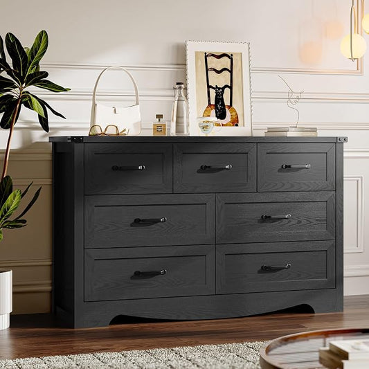 BORNOON 7-Drawer Dresser for Bedroom, Modern Wooden Chest of Drawers with Metal Handles, Anti-Tipping Design, Sturdy and Stable Storage Organizer for Living Room, Entryway, Home Office