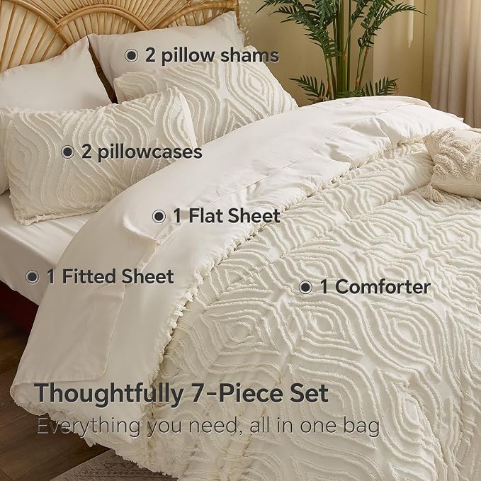 BEDELITE Queen Comforter Set 7 Pieces,Boho Bed in a Bag,Wavy-Cream White | Tufted Bed Set for All Seasons,Soft Farmhouse-Style Embroidery Bedding,Includes Flat & Fitted Sheets,2 Pillowcases & 2 Shams