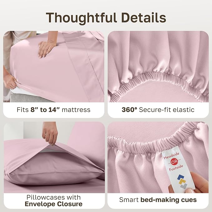 Soft Natural 100% Cotton Sateen Deep Pocket Full Size Sheets Set, Pink | Backed by Good Housekeeping Seal, Light & Breathable For Hot Sleepers, 14" Deep Pocket, All-Around Elastic, Durable