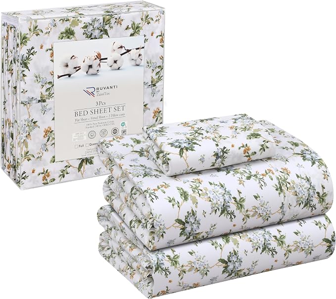 RUVANTI 100% Cotton Percale Sheets Twin Size, Heritage | Crisp Cooling for Hot Sleepers, Deep Pocket 16", Soft Breathable & Durable, Hotel-Style 3 Piece Set