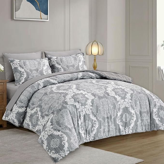 WONGS BEDDING Grey Comforter Set King Size Damask Texture 7 Pieces Gray Bed in a Bag Soft Microfiber Boho Comforter Bedding Sheet Set Comforter Flat Sheet Fitted Sheet Pillow Shams Pillowcases