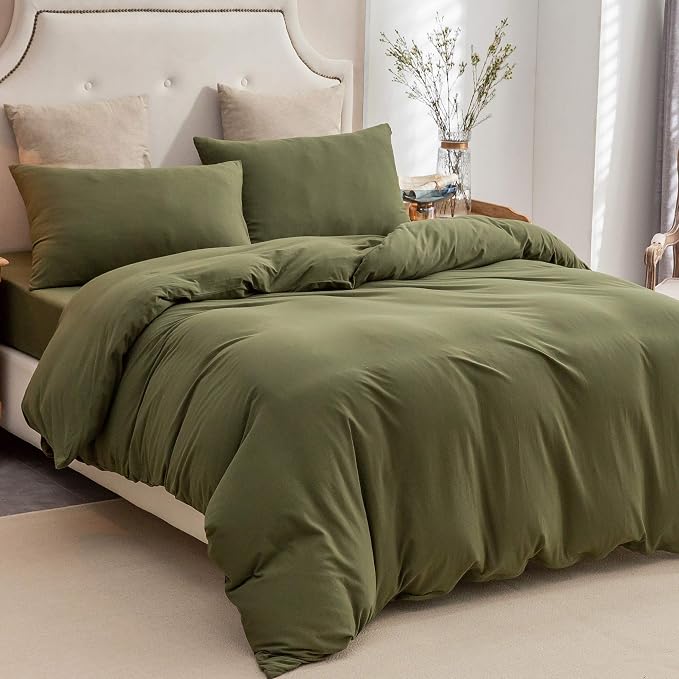 PURE ERA Jersey Knit Sheet Set Solid Olive Green California King | 100% Cotton, 3 Piece Set, T Shirt Soft, Breathable, Envelope Closure Pillowcases, Hidden Zipper, 8 Ties, No Insert, Modern