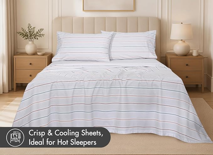 RUVANTI 100% Cotton Percale Sheets California King Chevron Twill Stripe | Crisp Cooling for Hot Sleepers, Deep Pocket 14", Soft Breathable & Durable, Hotel-Style 4 Piece Set