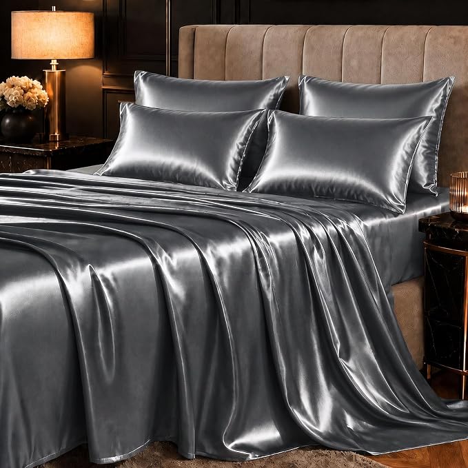CozyLux Satin Sheets King, 6-Piece 14-Inch Deep Pocket Sheet Set | OEKO-TEX Certified Silky Soft Sheet Set for Hair & Skin, Luxurious Silky-Smooth Satin for Elegant Bedroom Decor, Dark Grey