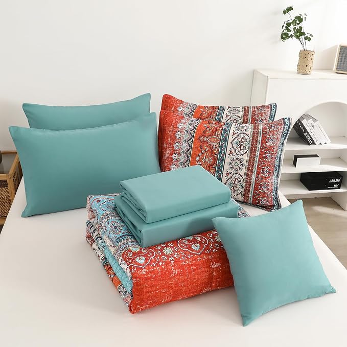 Cottolester Boho Full Comforter Set 8 Pieces, Terracotta Comforter Bohemian Striped Bed in A Bag,Soft Microfiber Bedding Set for All Seasons
