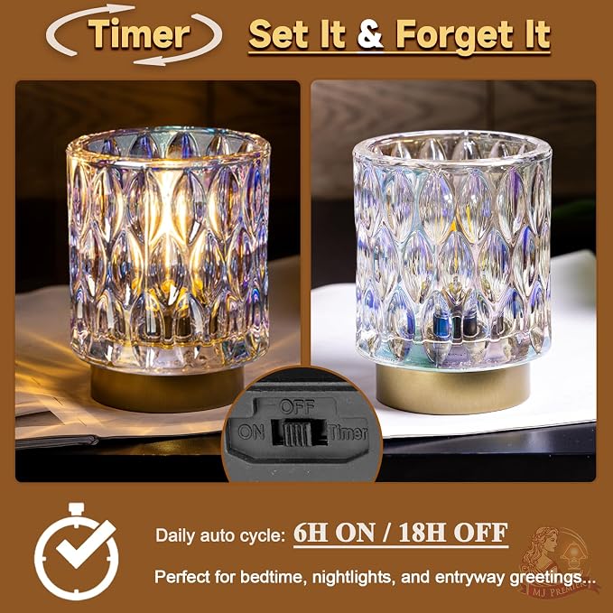 Battery Operated Table Lamp Timer, Small Cordless Lamps Decorative, 2 Pearl | Mini Crystal Lamp for Area No Plug, LED Battery Powered Lamps Wireless, Glass Accent Light for Bathroom Fireplace Shelf Decor